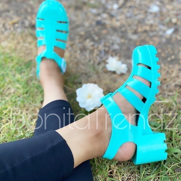 Green Retro PVC GLADIATOR JELLY Chunky Heel Sandal - Picture 2 of 7